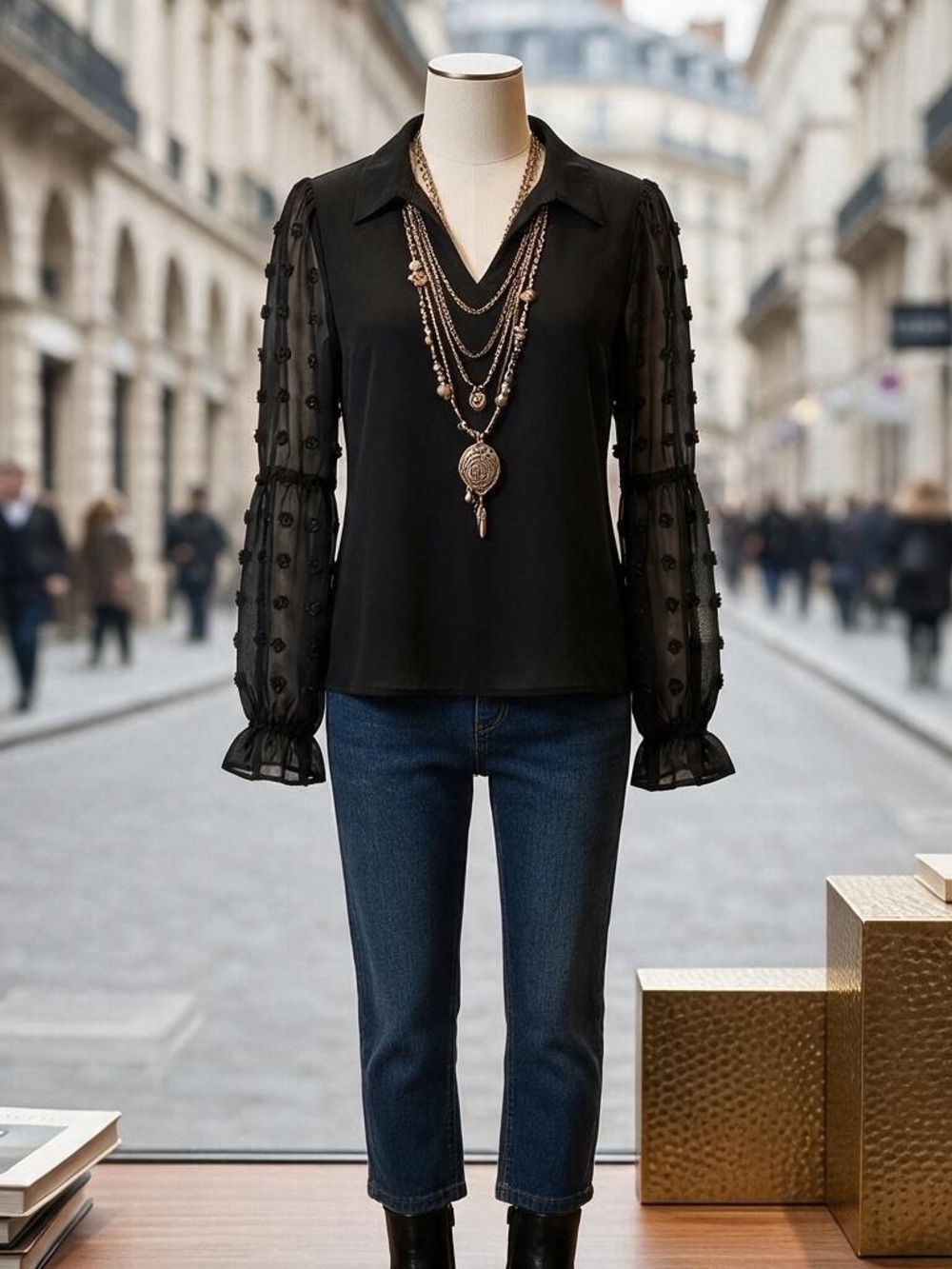 Black V-Neck Blouse with Sheer Embellished Sleeves